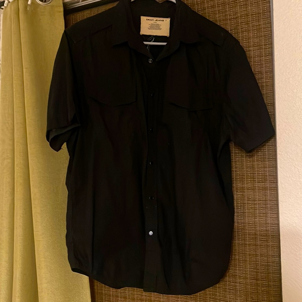 Mens Black DKNY Clip Button-Up Shirt Size Large